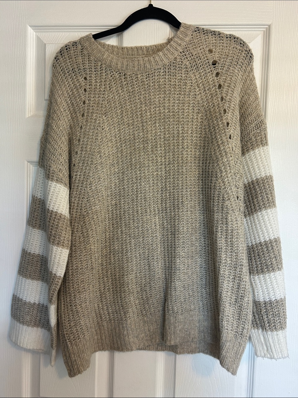 Newbury Kustom Taupe Crewneck Sweater with White Stripe Sleeves
